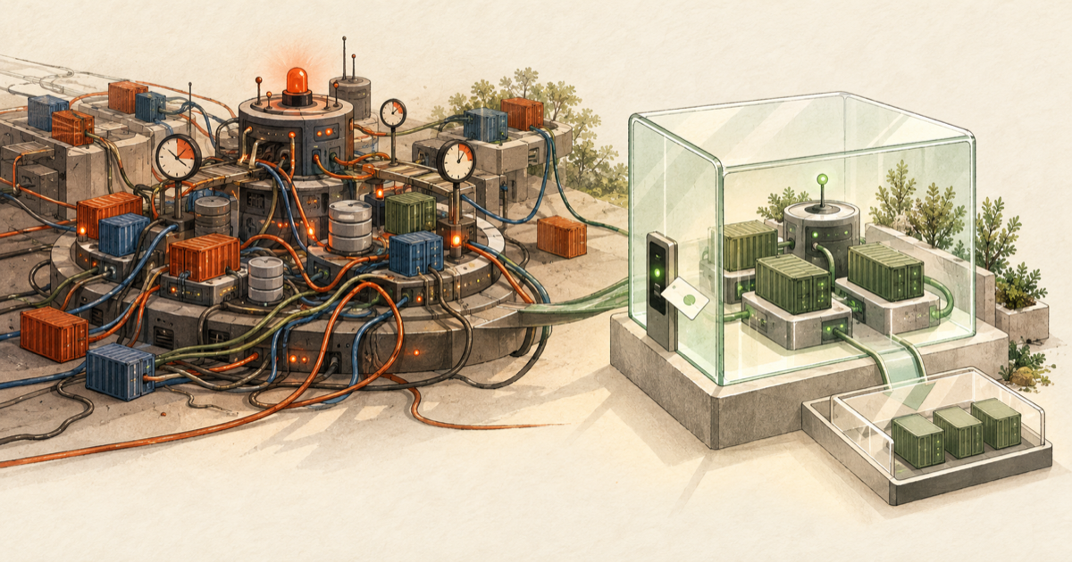An unreliable shared Kubernetes test environment beside a calm, isolated test chamber.